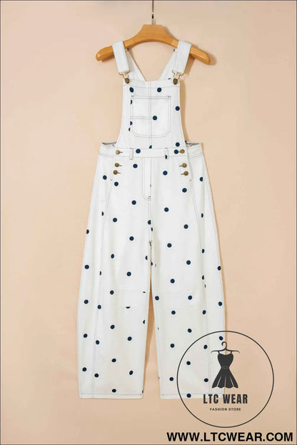 Jet Stream Polka Dot Print Bib Pocket Denim Barrel Overalls Jumpsuit