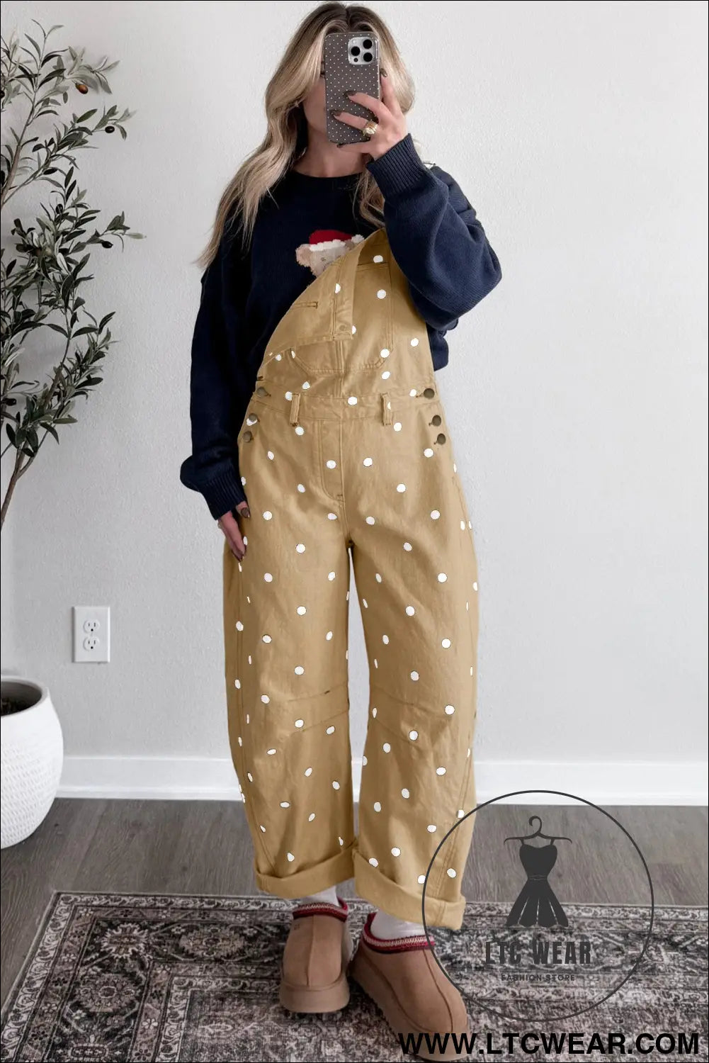 Jet Stream Polka Dot Print Bib Pocket Denim Barrel Overalls Jumpsuit - L.T.C Wear Online Fashion Store
