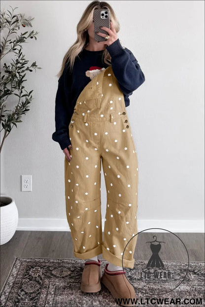 Jet Stream Polka Dot Print Bib Pocket Denim Barrel Overalls Jumpsuit - L.T.C Wear Online Fashion Store