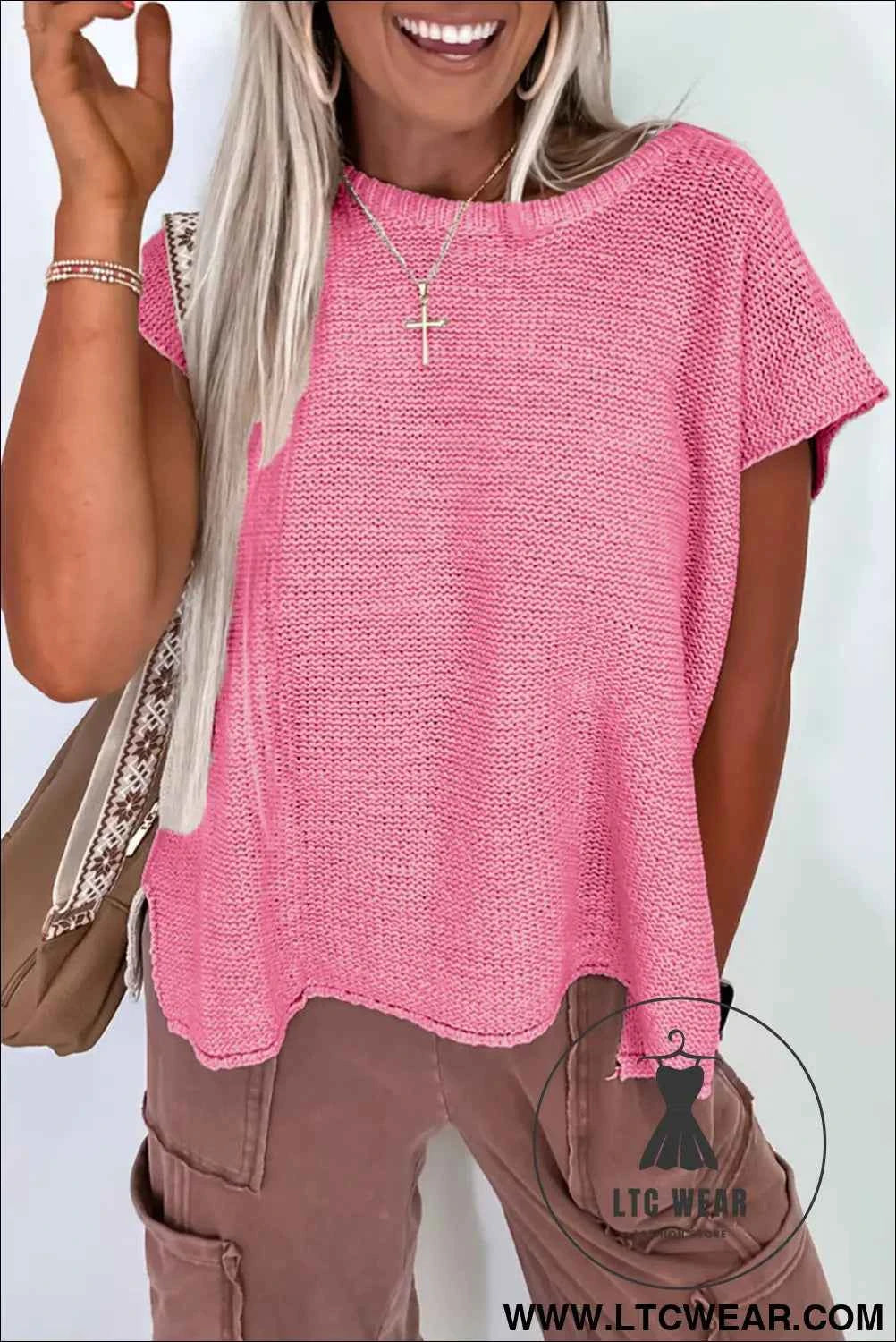 Jet Stream Solid Color Sweater Tee with Side Slits