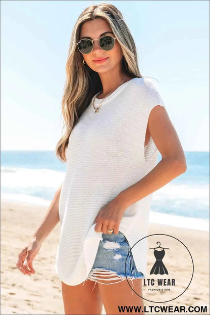 Jet Stream Solid Color Sweater Tee with Side Slits