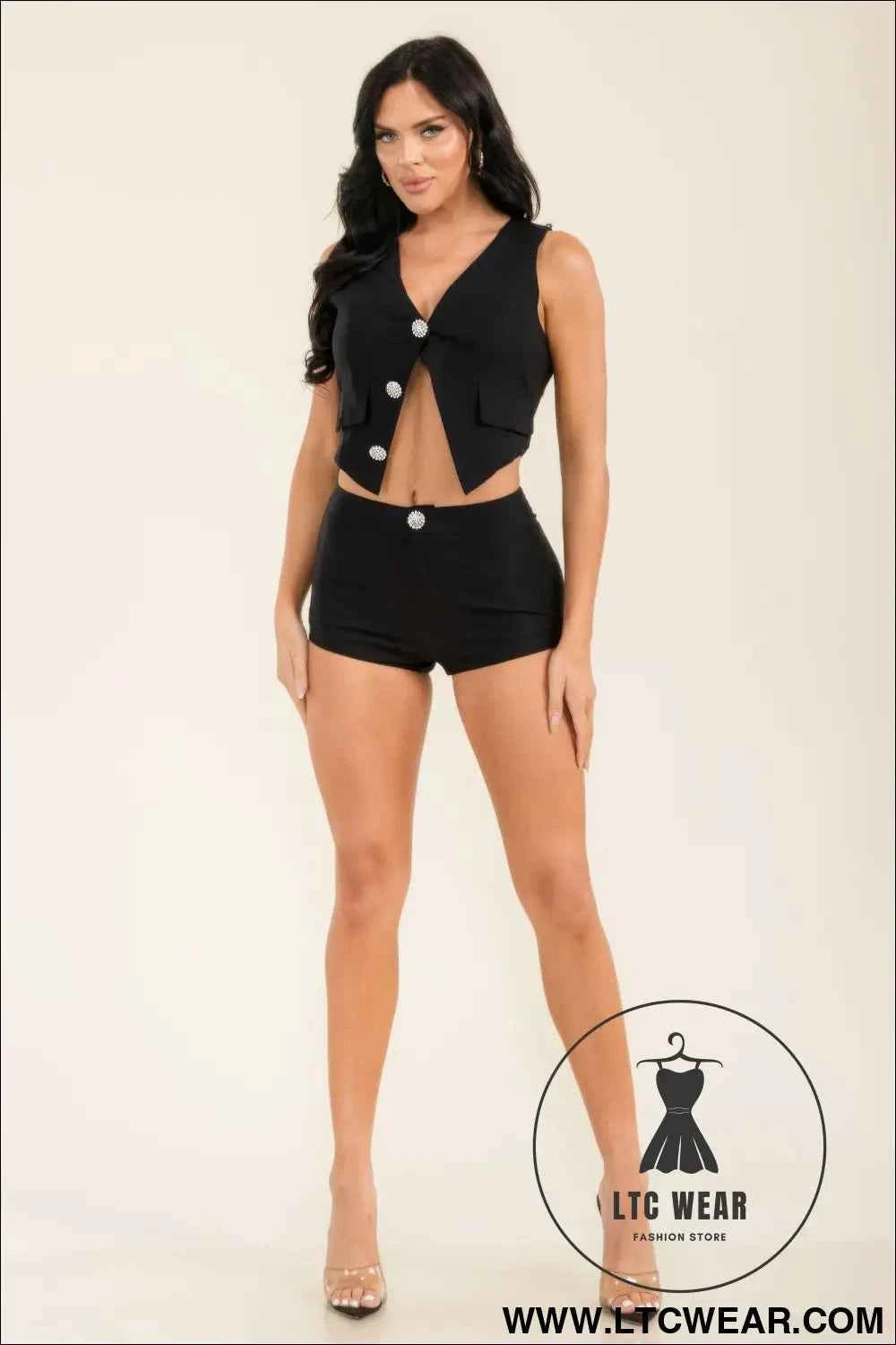 Jewel Button Vest Top And Shorts Pants Set