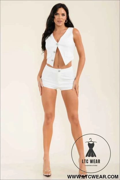 Jewel Button Vest Top And Shorts Pants Set