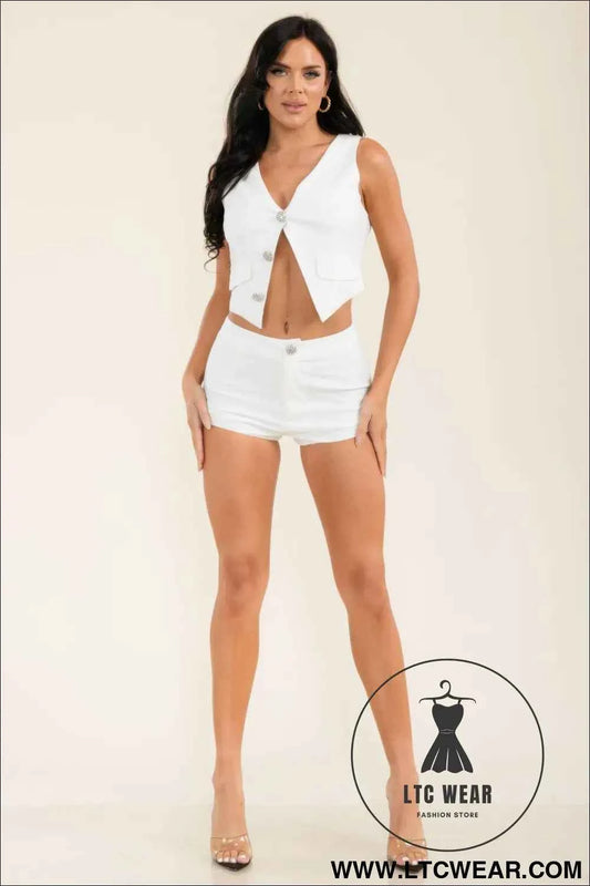 Jewel Button Vest Top And Shorts Pants Set