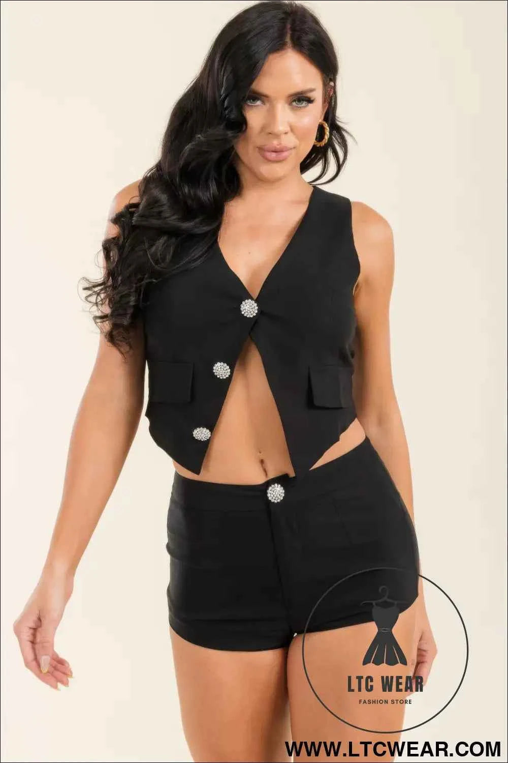 Jewel Button Vest Top And Shorts Pants Set