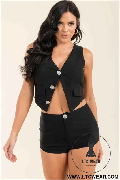 Jewel Button Vest Top And Shorts Pants Set