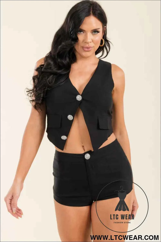 Jewel Button Vest Top And Shorts Pants Set