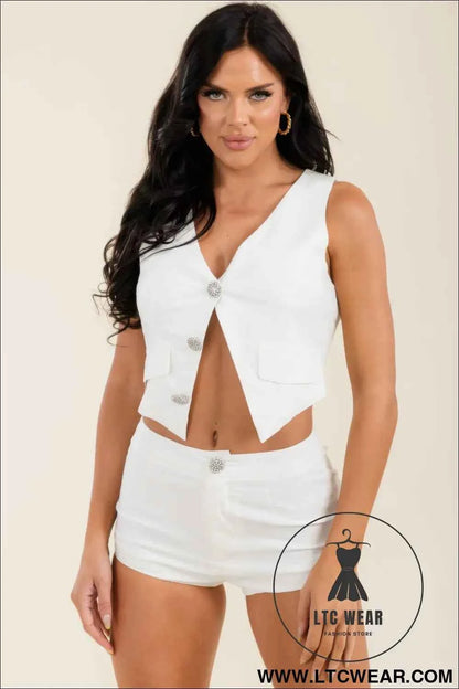 Jewel Button Vest Top And Shorts Pants Set