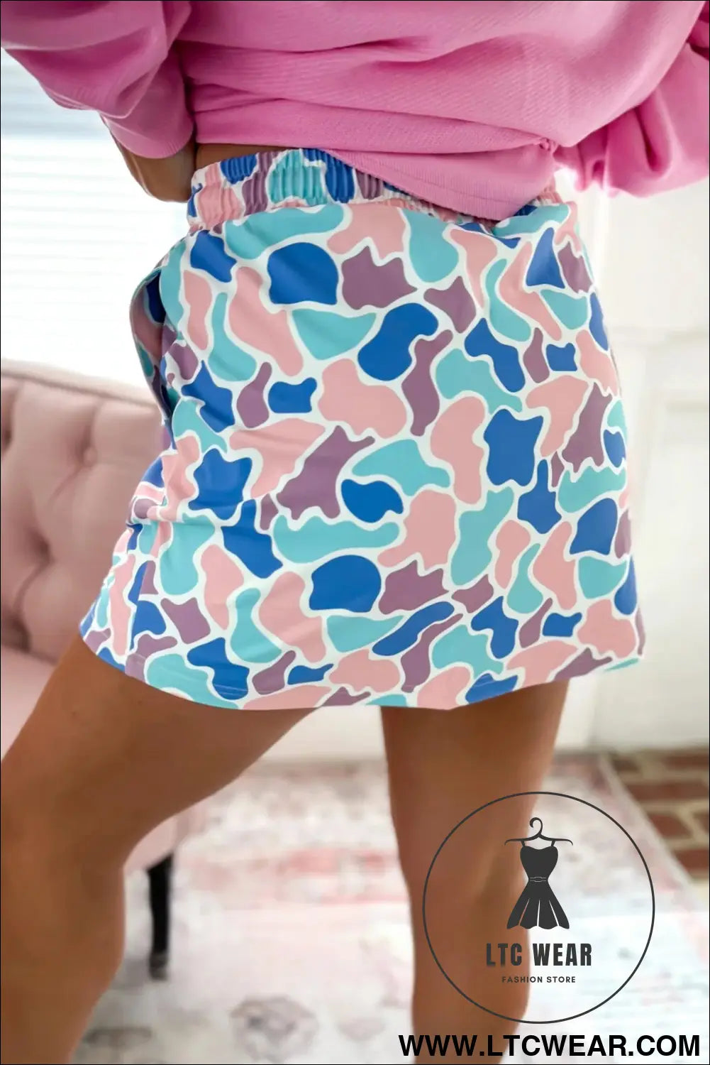 Khaki Abstract Camo Elastic Waist Drawstring Mini Skort - L.T.C Wear Online Fashion Store