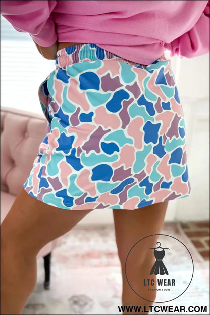 Khaki Abstract Camo Elastic Waist Drawstring Mini Skort - L.T.C Wear Online Fashion Store