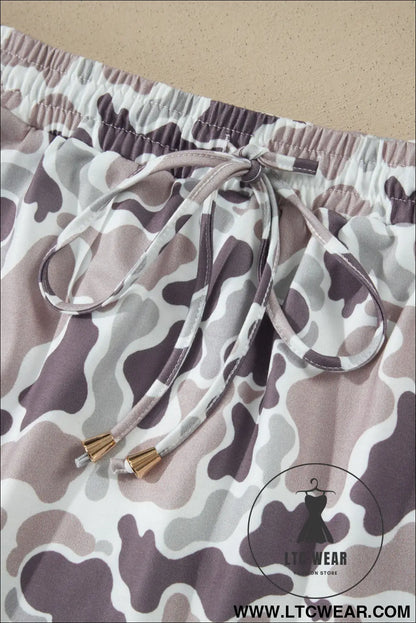 Khaki Abstract Camo Elastic Waist Drawstring Mini Skort - L.T.C Wear Online Fashion Store