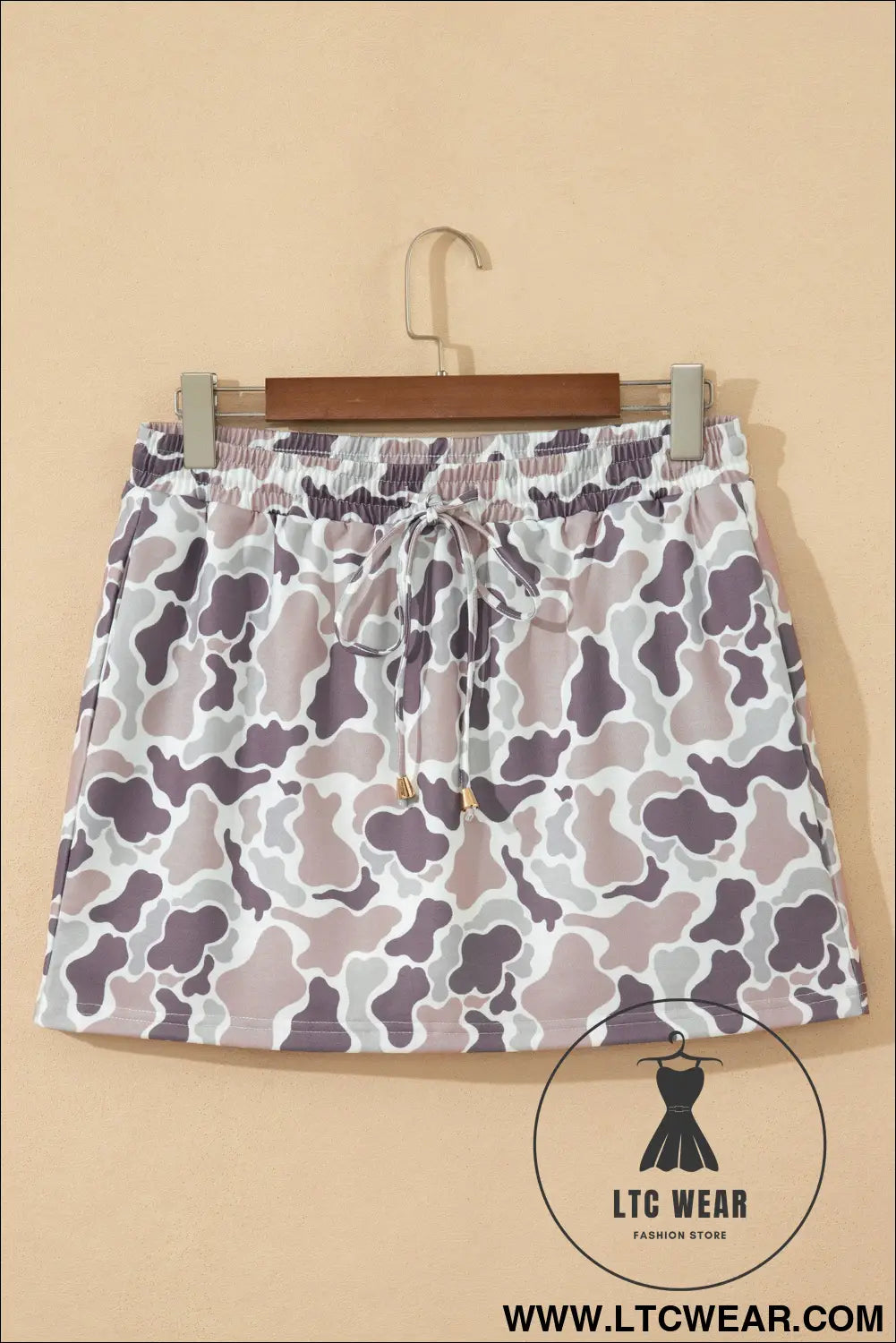 Khaki Abstract Camo Elastic Waist Drawstring Mini Skort - L.T.C Wear Online Fashion Store
