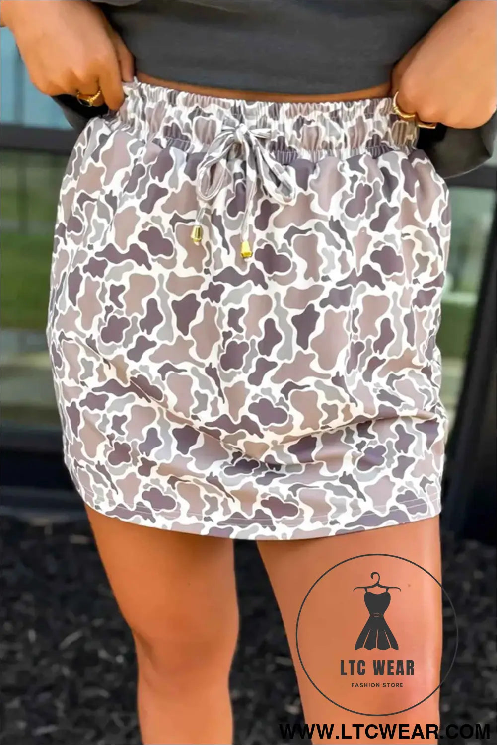 Khaki Abstract Camo Elastic Waist Drawstring Mini Skort