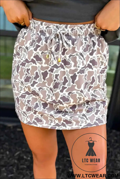 Khaki Abstract Camo Elastic Waist Drawstring Mini Skort