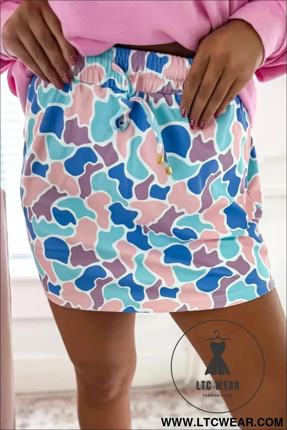 Khaki Abstract Camo Elastic Waist Drawstring Mini Skort - L.T.C Wear Online Fashion Store