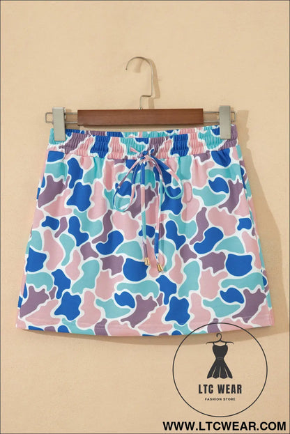 Khaki Abstract Camo Elastic Waist Drawstring Mini Skort - L.T.C Wear Online Fashion Store
