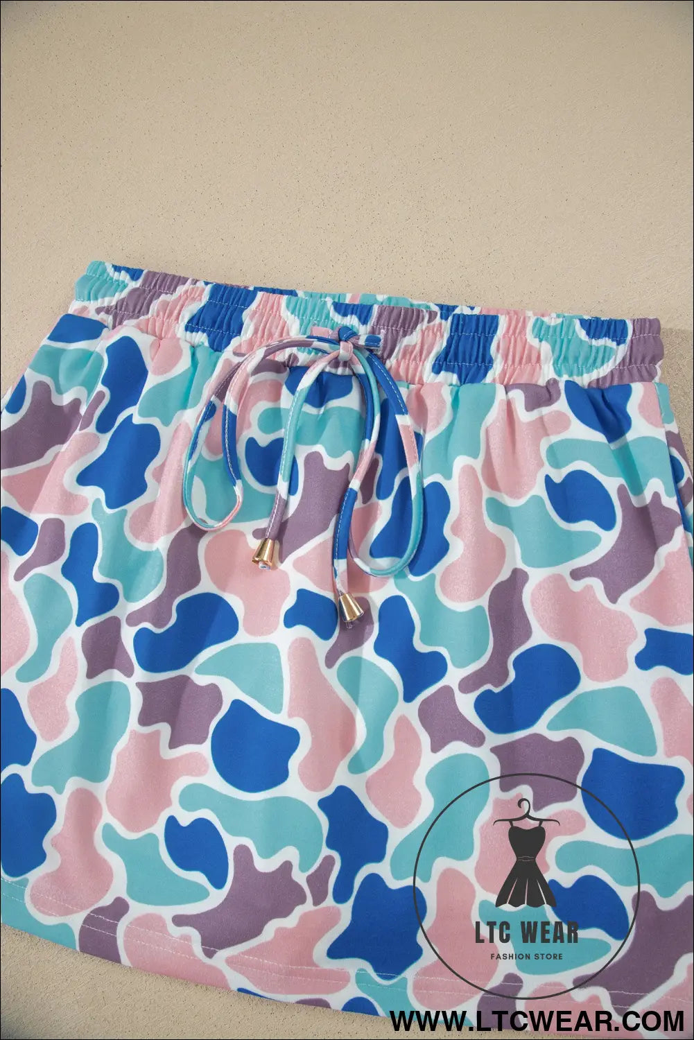 Khaki Abstract Camo Elastic Waist Drawstring Mini Skort - L.T.C Wear Online Fashion Store