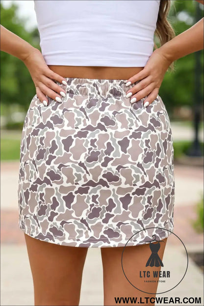 Khaki Abstract Camo Elastic Waist Drawstring Mini Skort