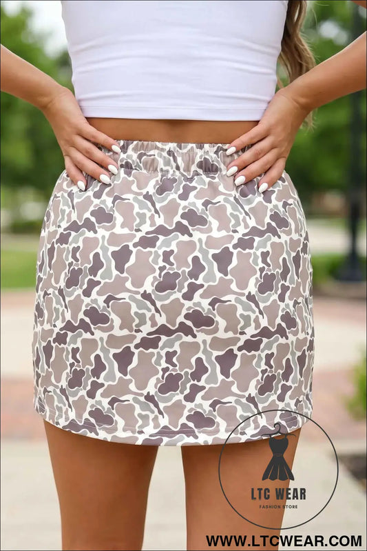 Khaki Abstract Camo Elastic Waist Drawstring Mini Skort