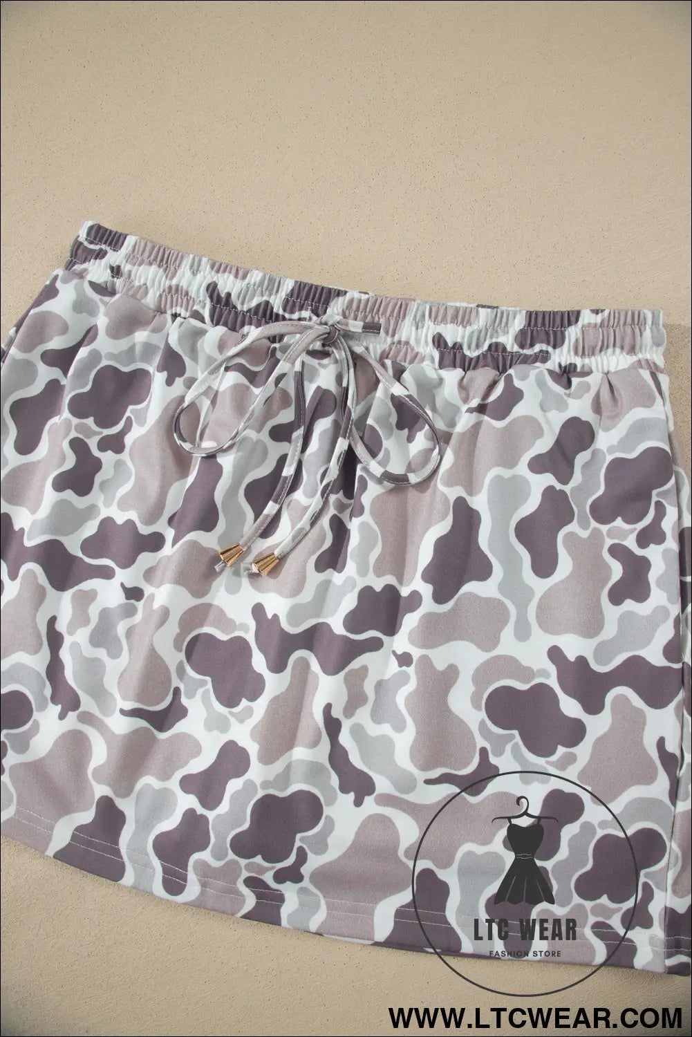 Khaki Abstract Camo Elastic Waist Drawstring Mini Skort - L.T.C Wear Online Fashion Store