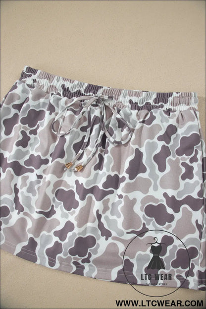 Khaki Abstract Camo Elastic Waist Drawstring Mini Skort - L.T.C Wear Online Fashion Store