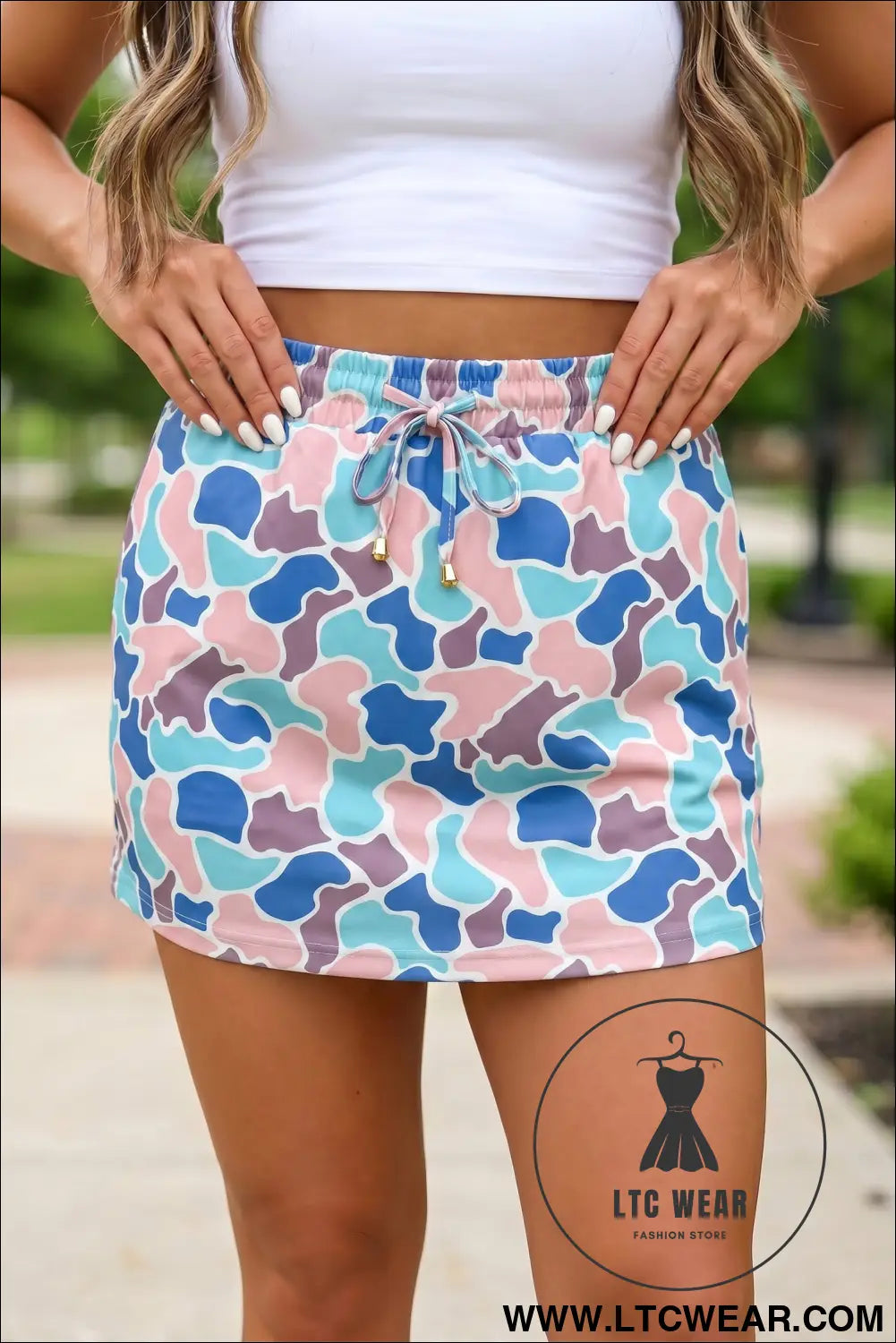 Khaki Abstract Camo Elastic Waist Drawstring Mini Skort - L.T.C Wear Online Fashion Store