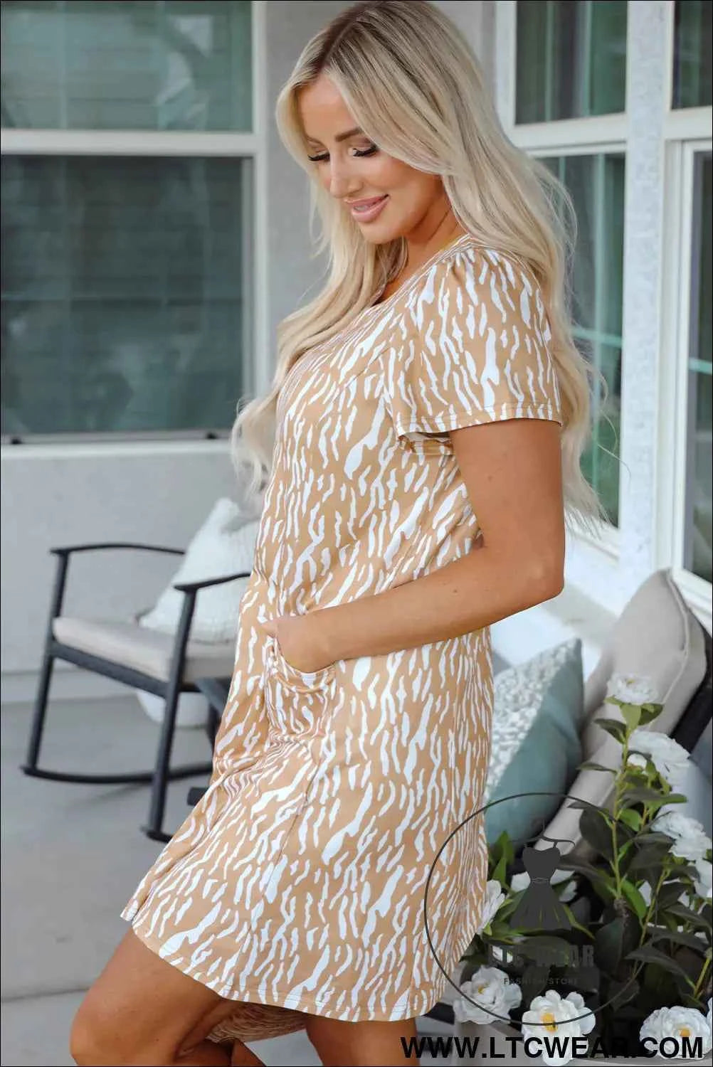 Khaki Abstract Print Short Sleeve T Shirt Dress