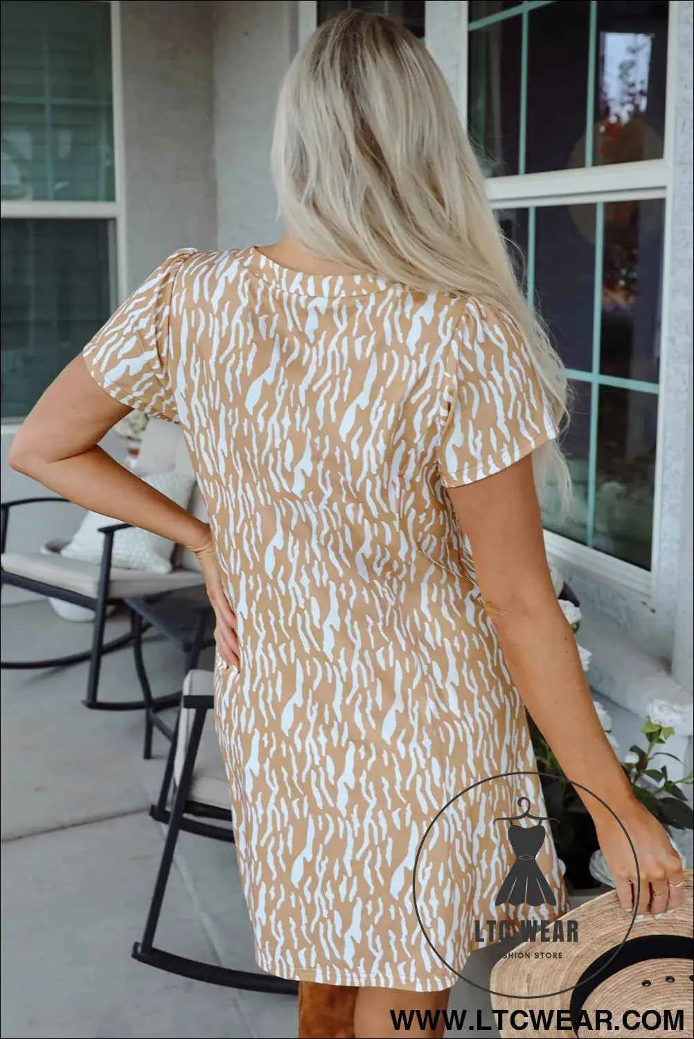 Khaki Abstract Print Short Sleeve T Shirt Dress