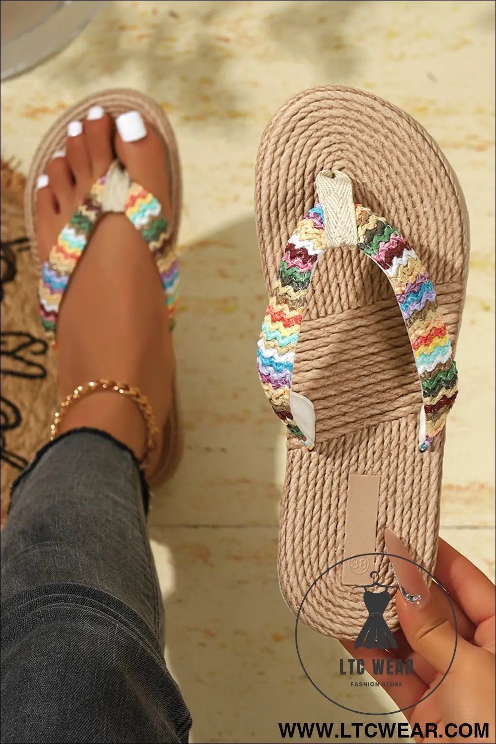 Khaki bohemian vacation straw woven rainbow strap flip flops - khaki / 37 / 100% polyester + 100% tpr - slippers