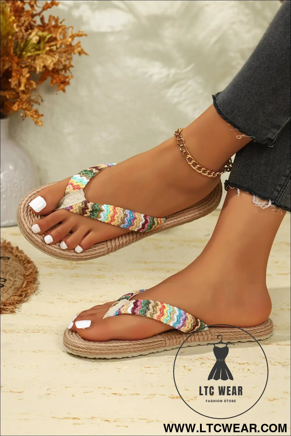 Khaki bohemian vacation straw woven rainbow strap flip flops - slippers