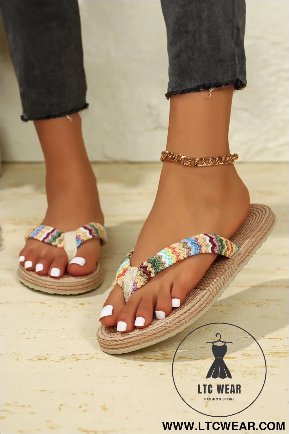 Khaki bohemian vacation straw woven rainbow strap flip flops - slippers