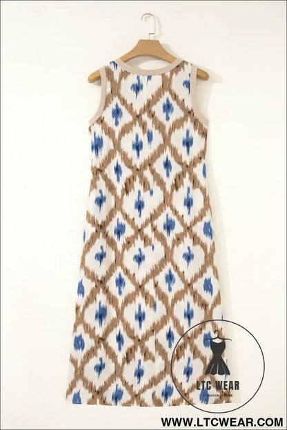Khaki Boho Abstract Print V Neck Sleeveless Long Dress - L.T.C Wear Online Fashion Store