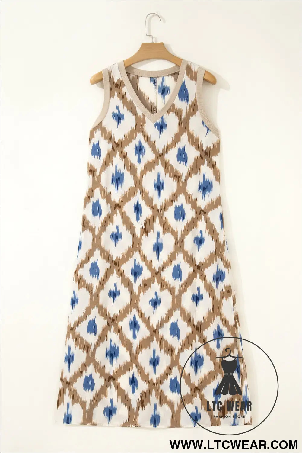 Khaki Boho Abstract Print V Neck Sleeveless Long Dress - L.T.C Wear Online Fashion Store