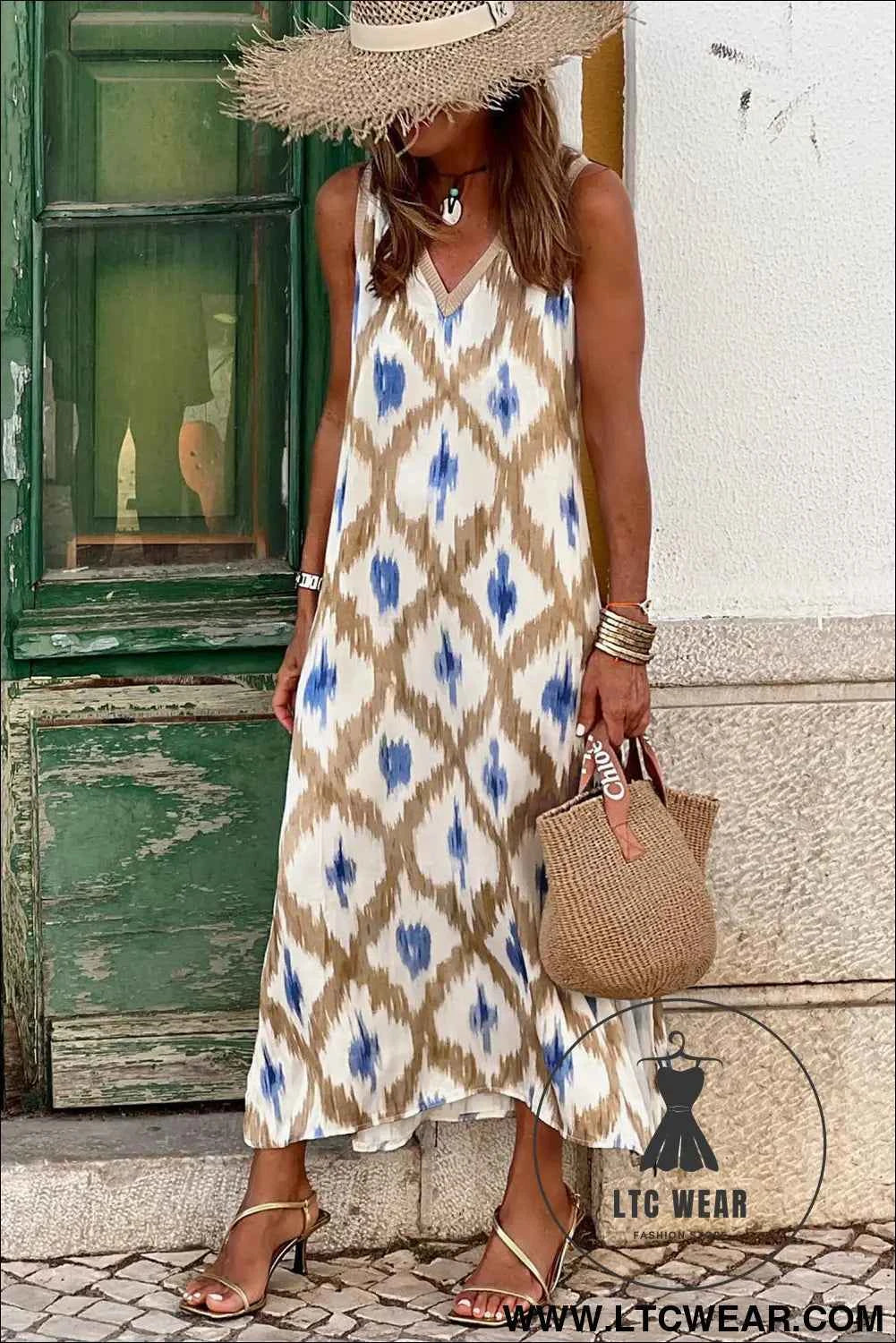 Khaki Boho Abstract Print V Neck Sleeveless Long Dress