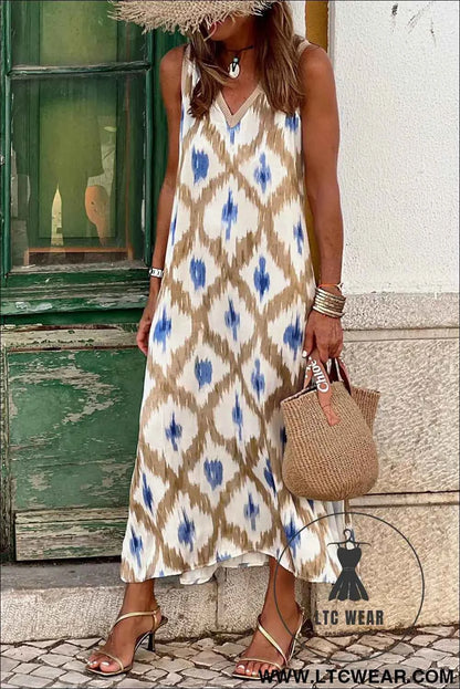 Khaki Boho Abstract Print V Neck Sleeveless Long Dress