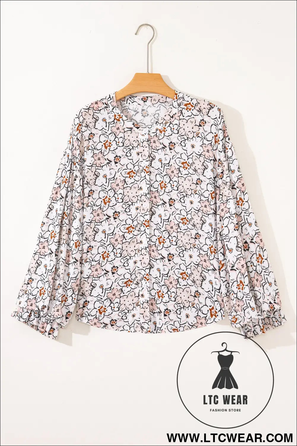 Khaki Bold Floral Print Frilled Puff Sleeve Button Down Shirt - L.T.C Wear Online Fashion Store