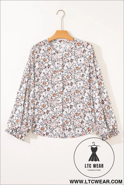 Khaki Bold Floral Print Frilled Puff Sleeve Button Down Shirt - L.T.C Wear Online Fashion Store