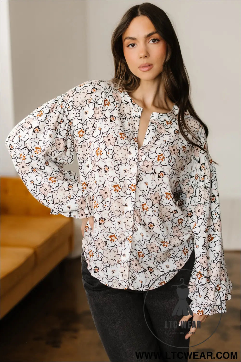 Khaki Bold Floral Print Frilled Puff Sleeve Button Down Shirt - L.T.C Wear Online Fashion Store