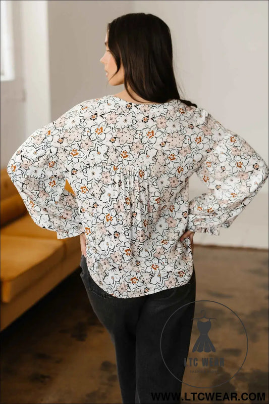 Khaki Bold Floral Print Frilled Puff Sleeve Button Down Shirt