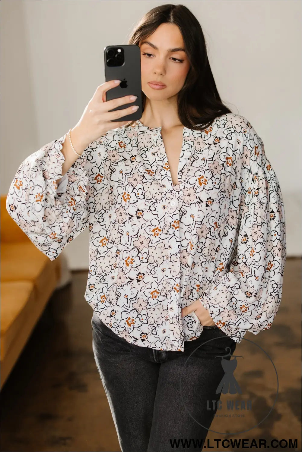 Khaki Bold Floral Print Frilled Puff Sleeve Button Down Shirt - L.T.C Wear Online Fashion Store