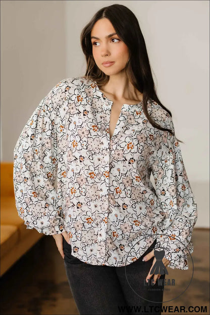 Khaki Bold Floral Print Frilled Puff Sleeve Button Down Shirt
