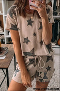 Khaki camo star print short lounge set - khaki / l / 95% polyester + 5% elastane - loungewear