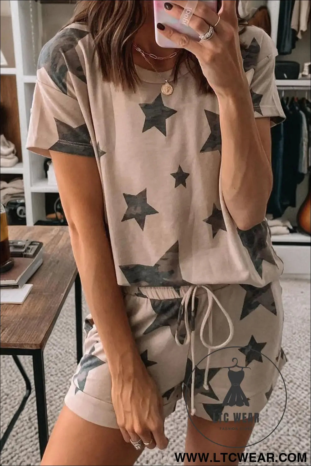 Khaki camo star print short lounge set - khaki / l / 95% polyester + 5% elastane - loungewear