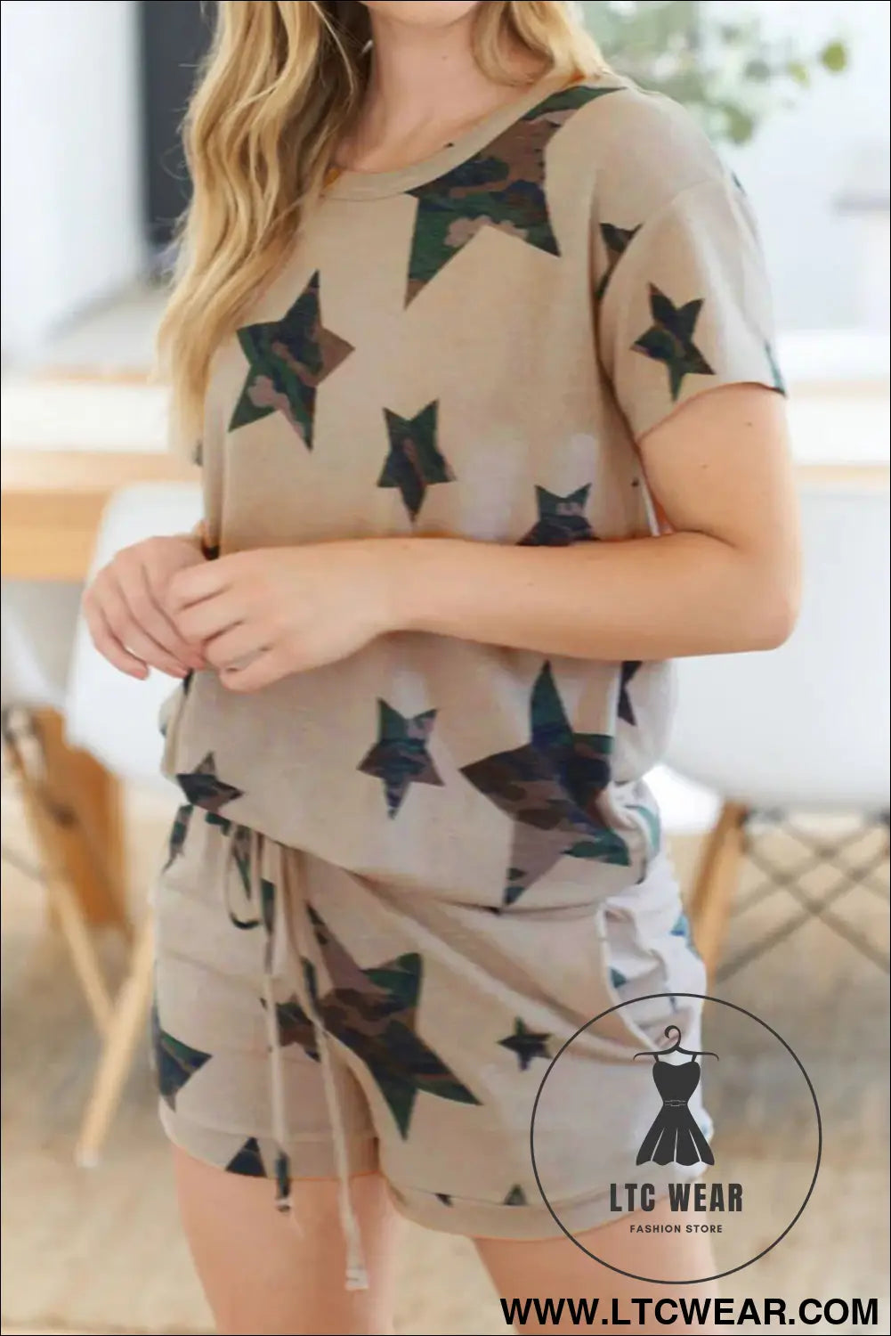 Khaki camo star print short lounge set - loungewear