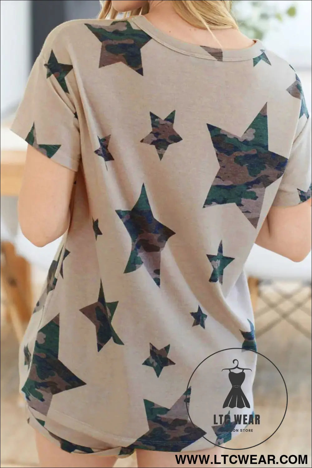 Khaki camo star print short lounge set - loungewear
