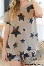 Khaki camo star print short lounge set - loungewear