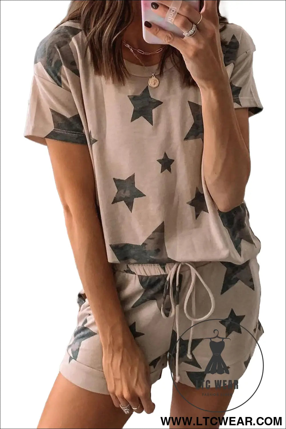 Khaki camo star print short lounge set - loungewear