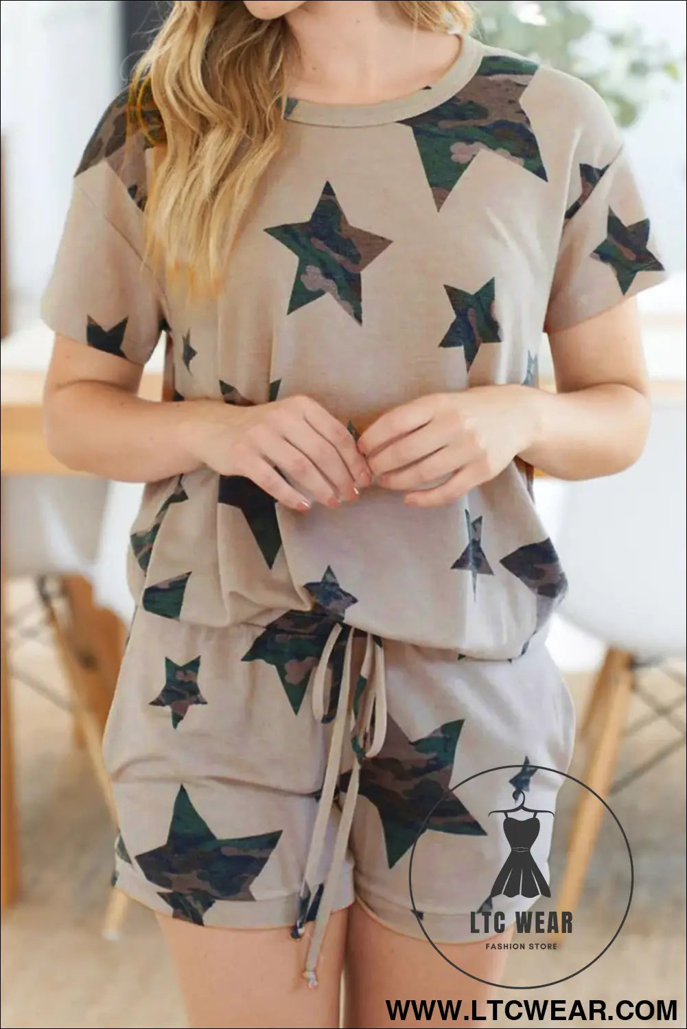 Khaki camo star print short lounge set - loungewear