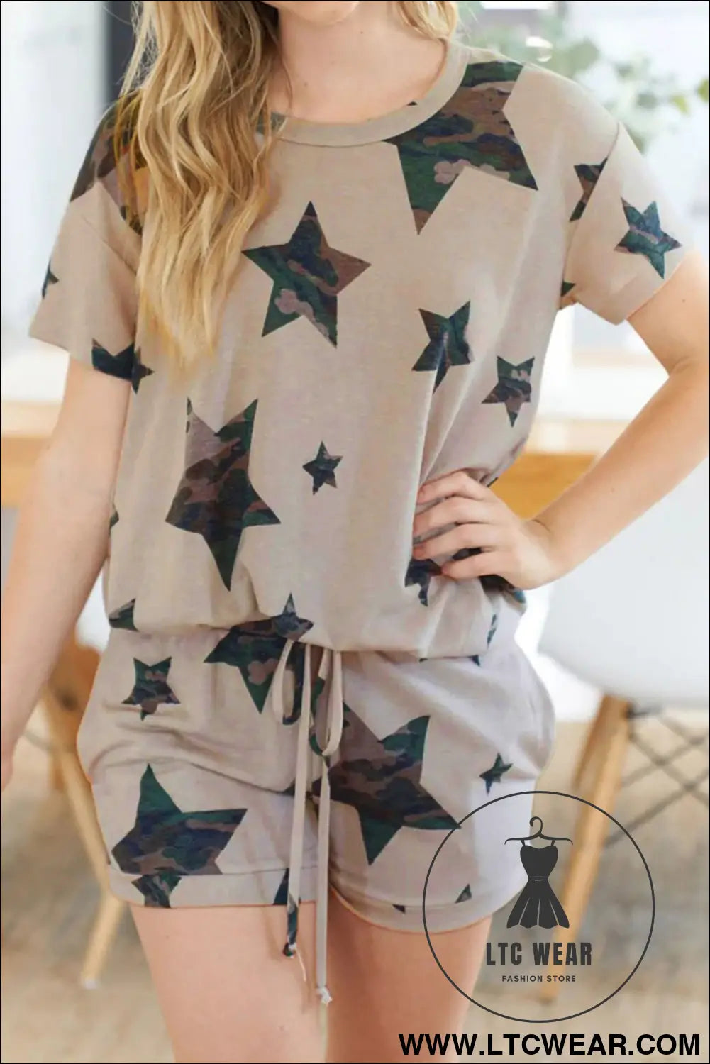 Khaki camo star print short lounge set - loungewear