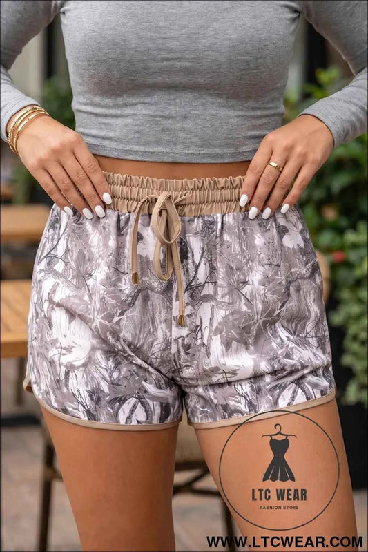 Khaki Camo Woodland Print Drawstring Active Shorts